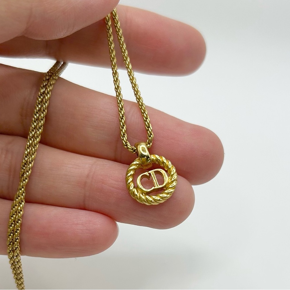Authentic Christian Dior Gold CD Monogram Circle Necklace & Jewelry Box